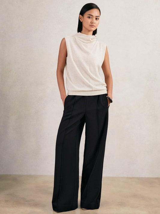 Petite Wide Leg Elasticated Waist Trousers in Navy Women | Reiss