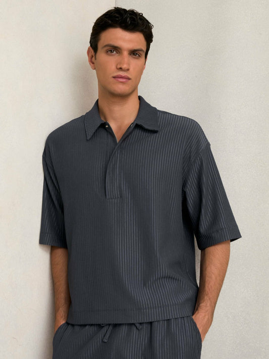 Oversized Textured Stripe Polo Shirt in Petrol Blue Men | Reiss
