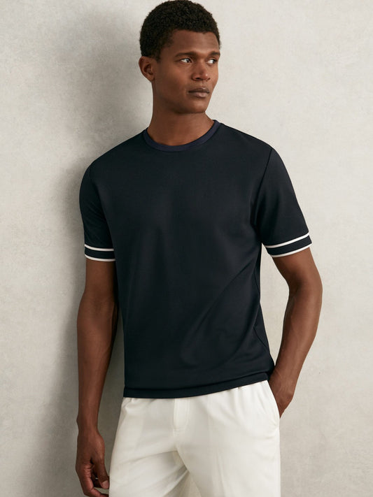 Textured Crew-Neck Tipped T-Shirt in Navy Blue Men | Reiss