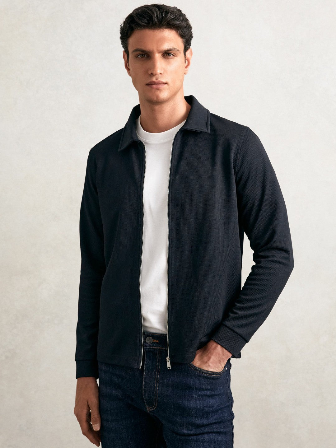 Textured Zip Through Overshirt in Navy Men | Reiss