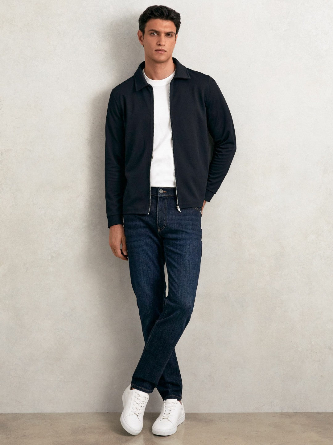 Textured Zip Through Overshirt in Navy Men | Reiss