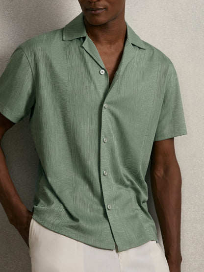 Jacquard-Stripe Cuban-Collar Shirt in Mint Green Men | Reiss