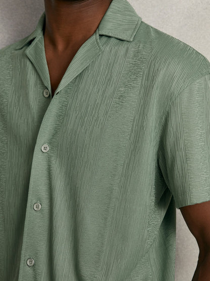 Jacquard-Stripe Cuban-Collar Shirt in Mint Green Men | Reiss