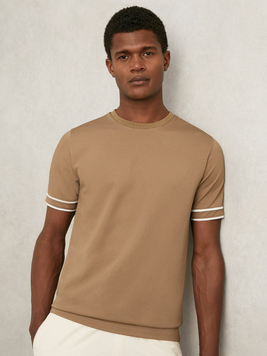Textured Crew-Neck Tipped T-Shirt in Camel Brown Men | Reiss