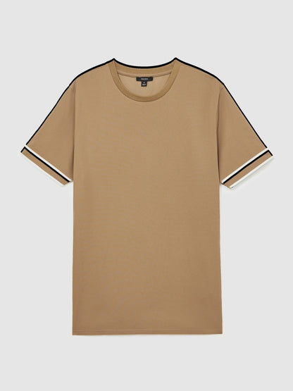 Textured Crew-Neck Tipped T-Shirt in Camel Brown Men | Reiss