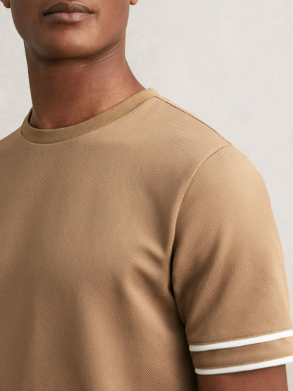 Textured Crew-Neck Tipped T-Shirt in Camel Brown Men | Reiss