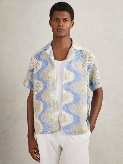 Wave Crochet Cuban Collar Shirt in Blue Multi Men | Reiss