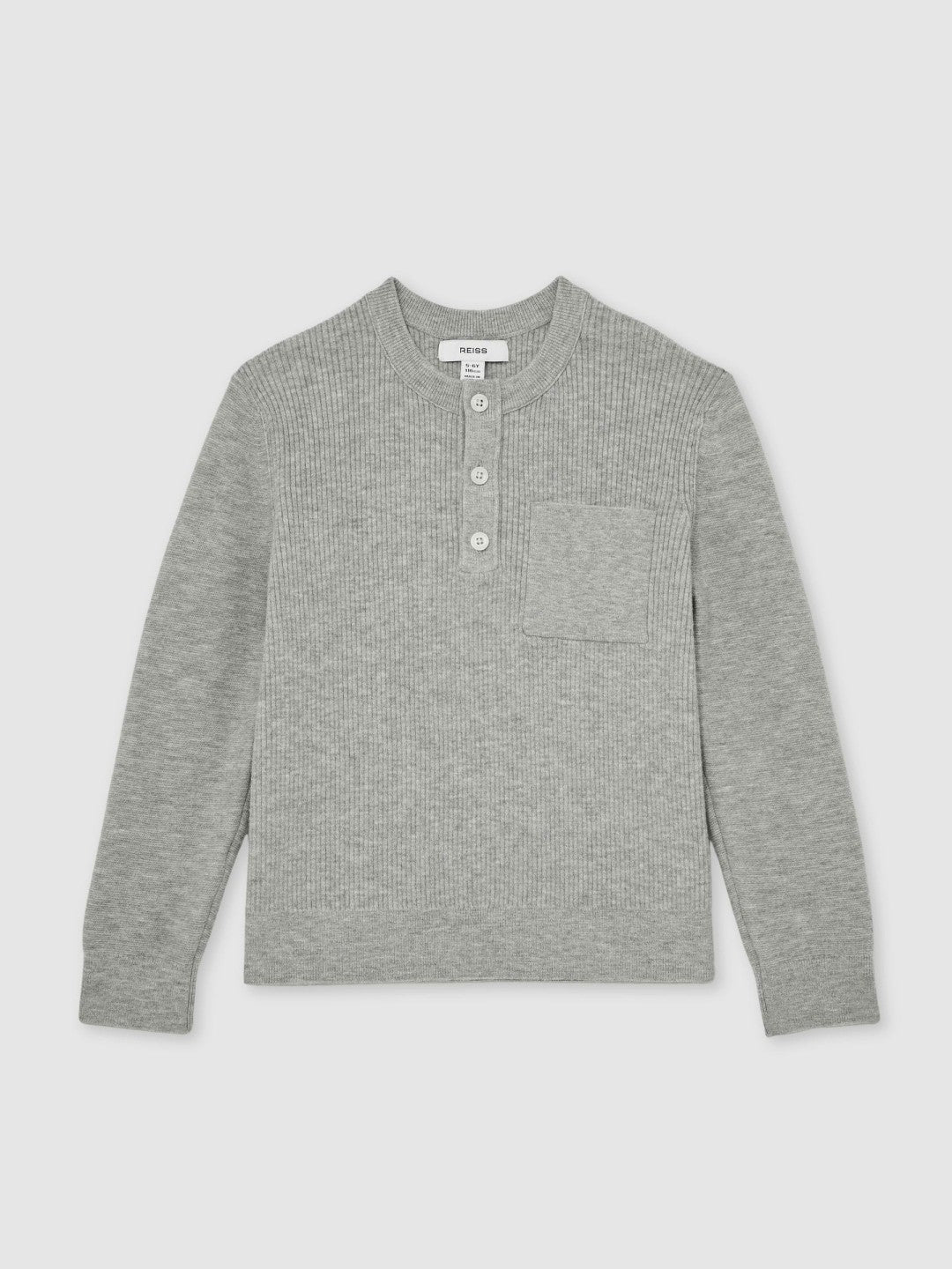 13-14 yrs Cotton-Blend Rib-Knit Henley Top in Mid Grey Melange Children & Baby | Reiss