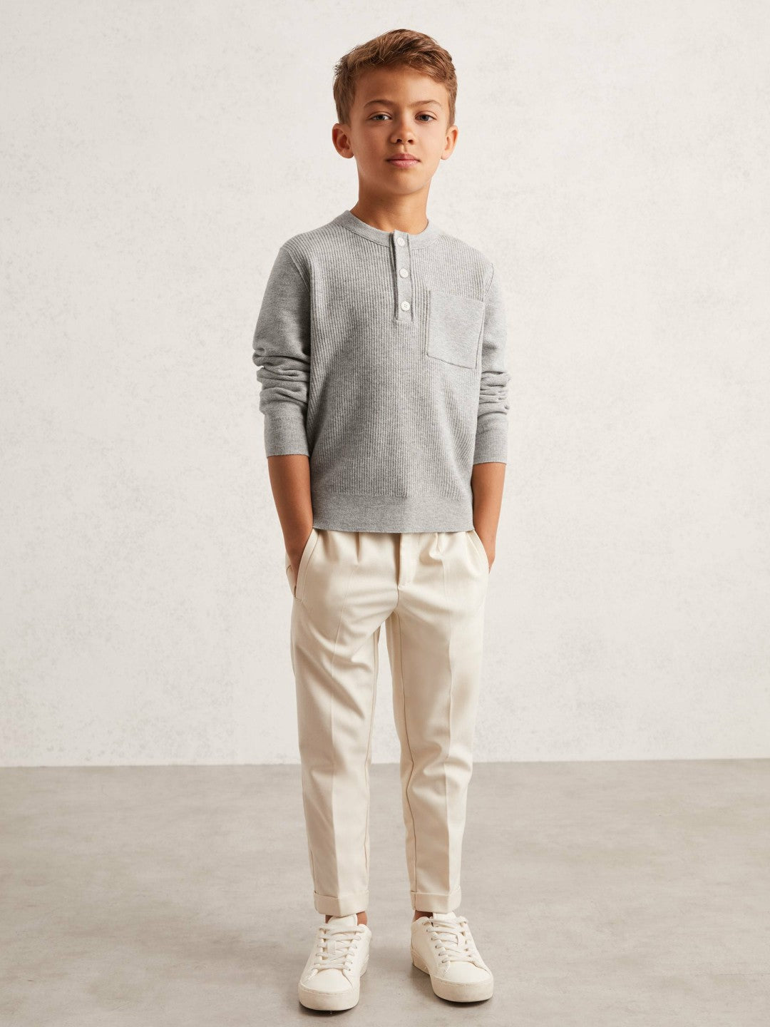13-14 yrs Cotton-Blend Rib-Knit Henley Top in Mid Grey Melange Children & Baby | Reiss