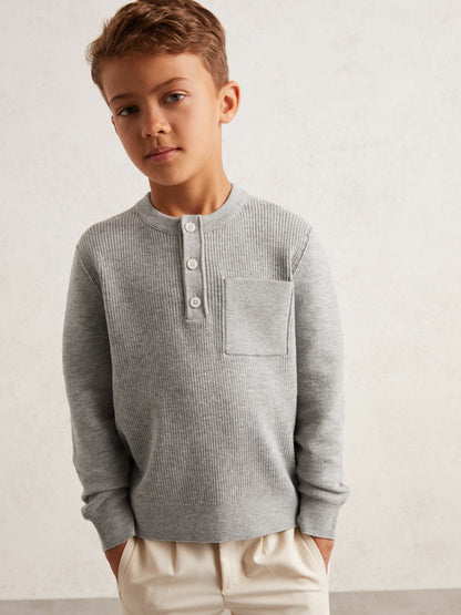 13-14 yrs Cotton-Blend Rib-Knit Henley Top in Mid Grey Melange Children & Baby | Reiss