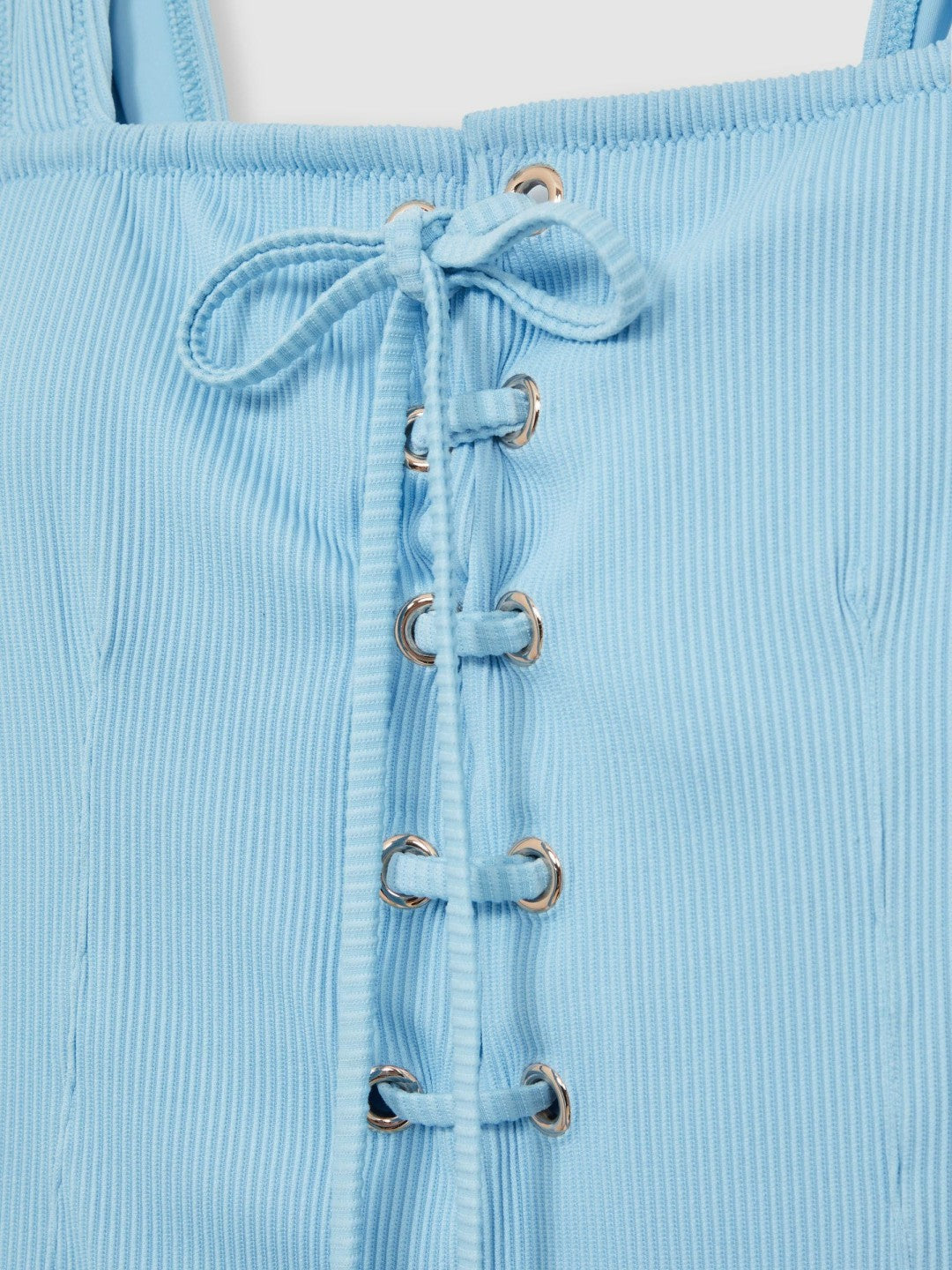 Ribbed Lace-Up Swimsuit in Blue Women | Reiss