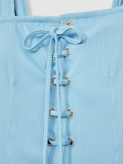 Ribbed Lace-Up Swimsuit in Blue Women | Reiss