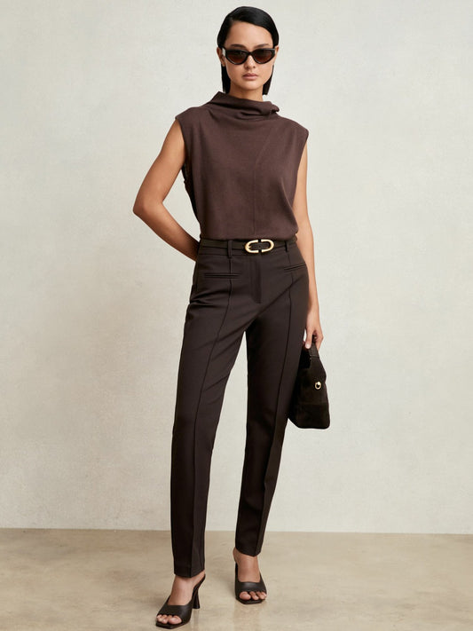 Petite Pintuck Tapered Trousers in Chocolate Brown Women | Reiss