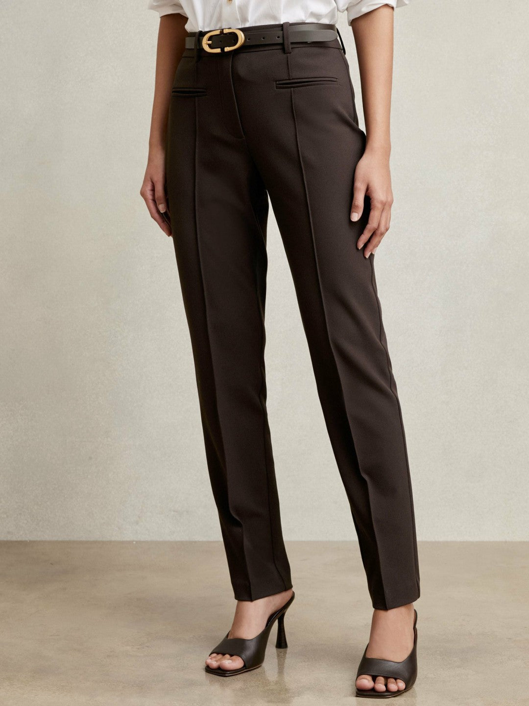 Petite Pintuck Tapered Trousers in Chocolate Brown Women | Reiss