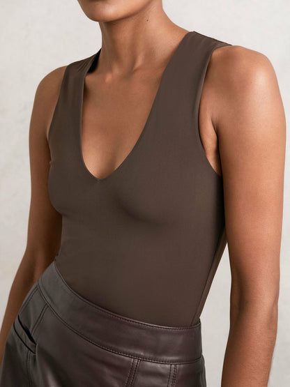 V-Neck Sleeveless Bodysuit in Chocolate Brown Women | Reiss