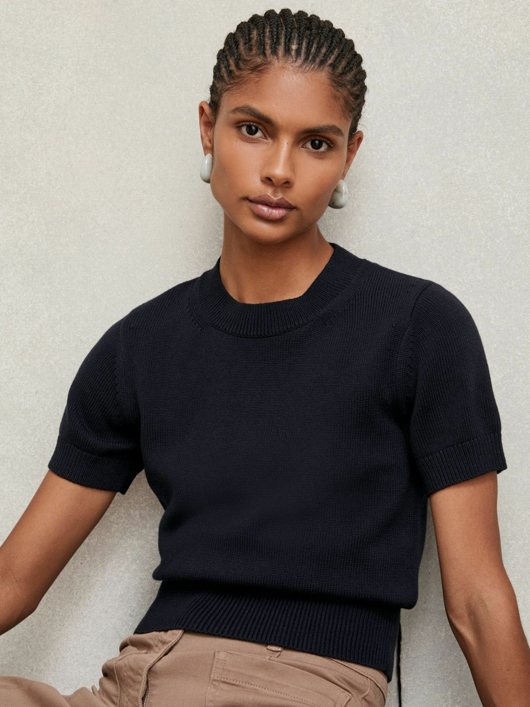 Cotton And Wool Crew-Neck Top in Navy Women | Reiss