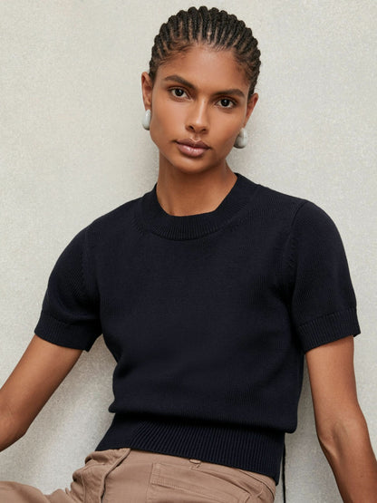 Cotton And Wool Crew-Neck Top in Navy Women | Reiss