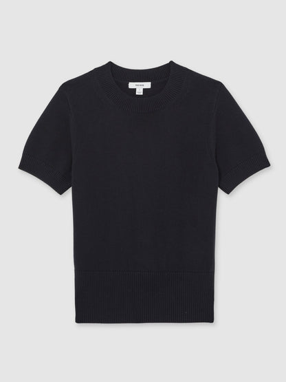 Cotton And Wool Crew-Neck Top in Navy Women | Reiss