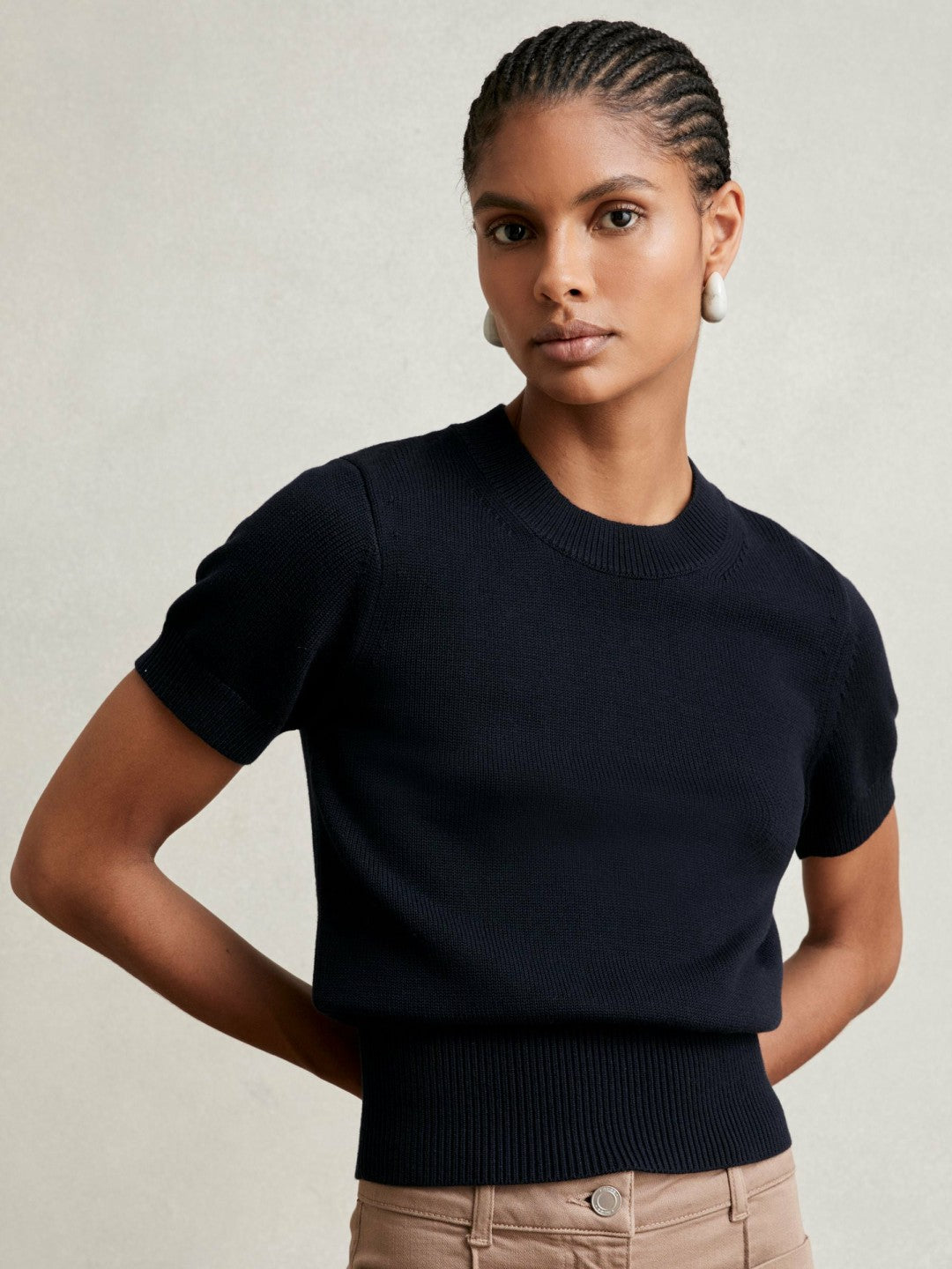 Cotton And Wool Crew-Neck Top in Navy Women | Reiss