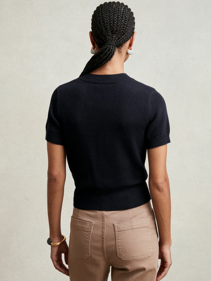 Cotton And Wool Crew-Neck Top in Navy Women | Reiss