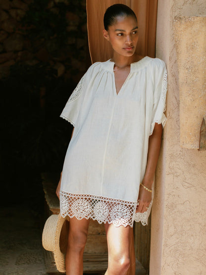 Linen Embroidered Shift Dress in Ivory Women | Reiss