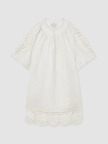 Linen Embroidered Shift Dress in Ivory Women | Reiss