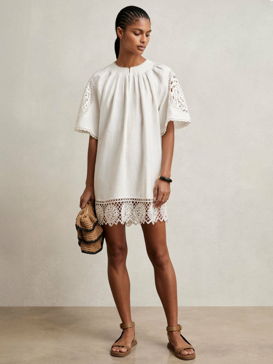 Linen Embroidered Shift Dress in Ivory Women | Reiss