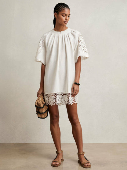 Linen Embroidered Shift Dress in Ivory Women | Reiss