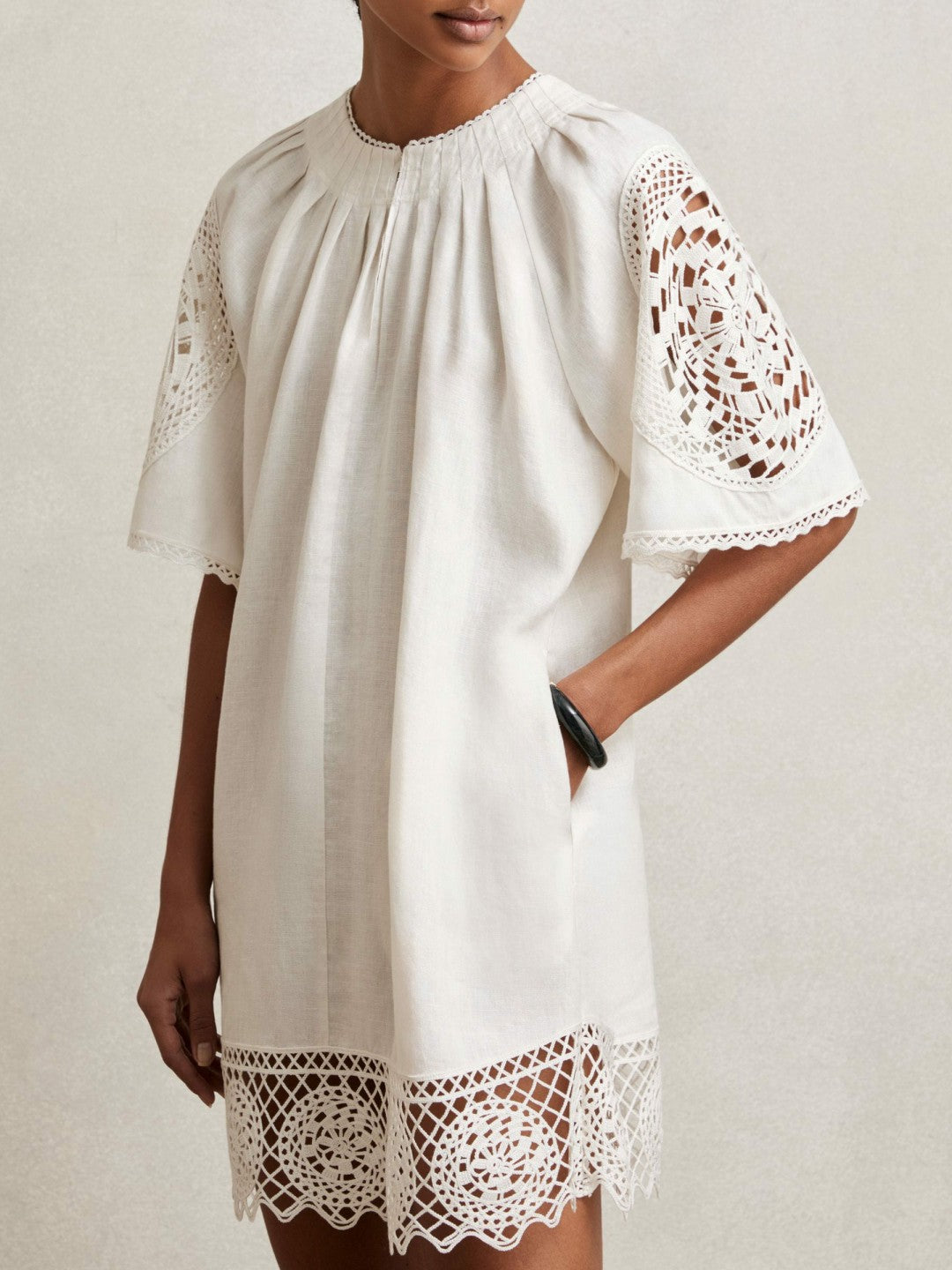 Linen Embroidered Shift Dress in Ivory Women | Reiss