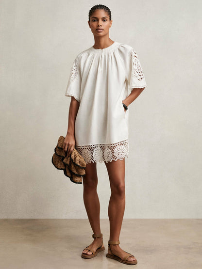 Linen Embroidered Shift Dress in Ivory Women | Reiss