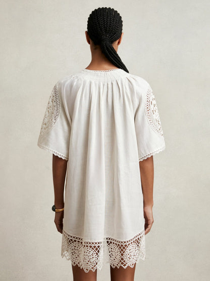 Linen Embroidered Shift Dress in Ivory Women | Reiss