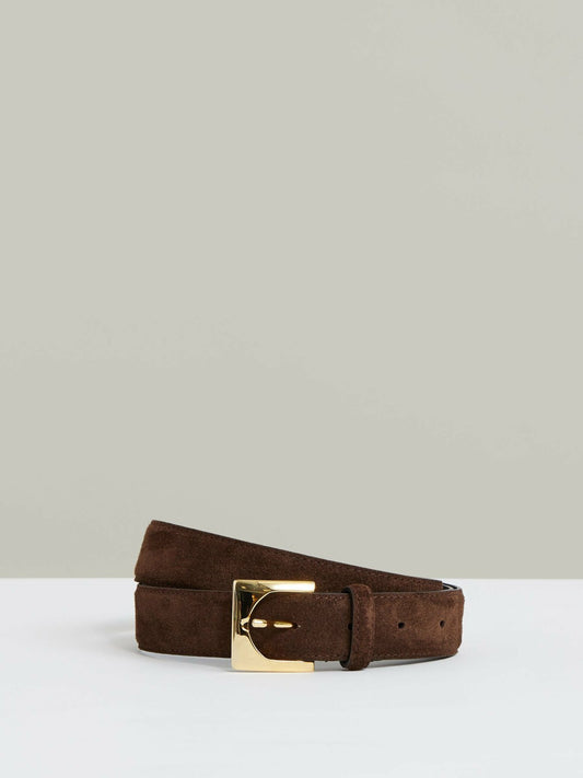 Suede Square Buckle Belt in Chocolate Women | Reiss