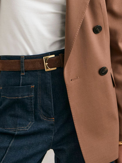 Suede Square Buckle Belt in Chocolate Women | Reiss