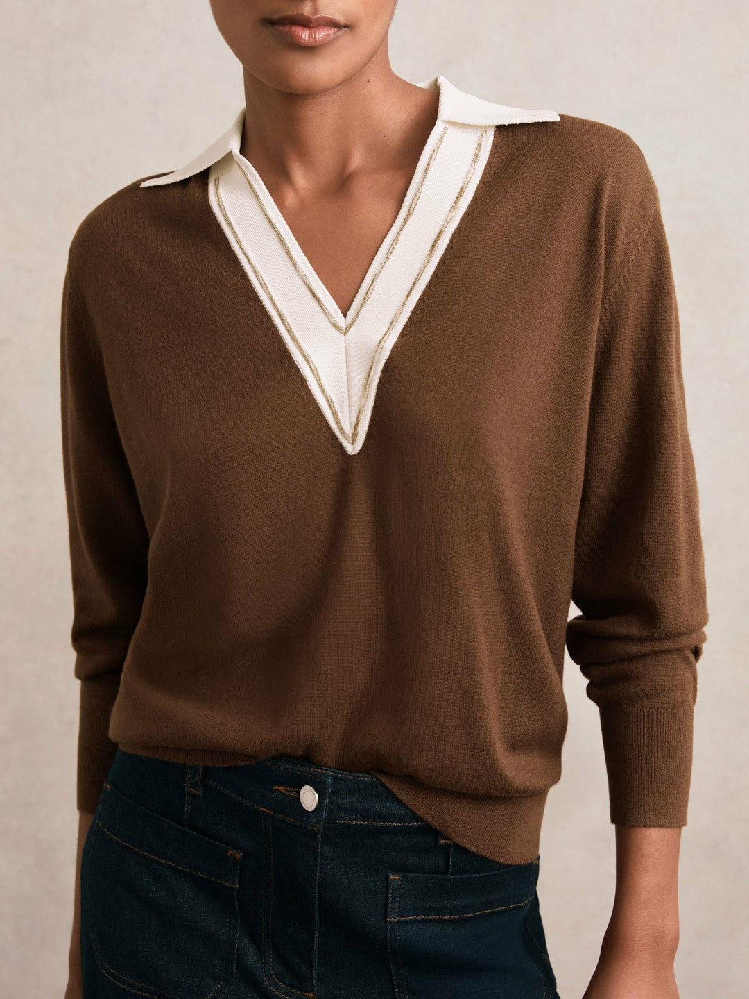 Wool Collared Cricket Jumper in Chocolate Brown/Ivory Women | Reiss