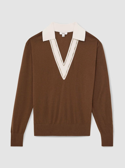 Wool Collared Cricket Jumper in Chocolate Brown/Ivory Women | Reiss