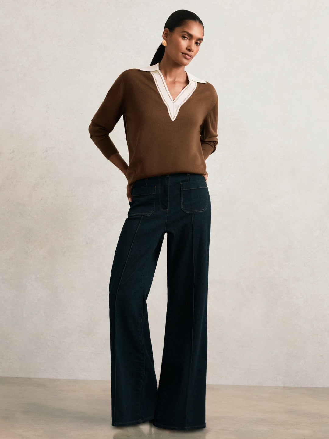Wool Collared Cricket Jumper in Chocolate Brown/Ivory Women | Reiss