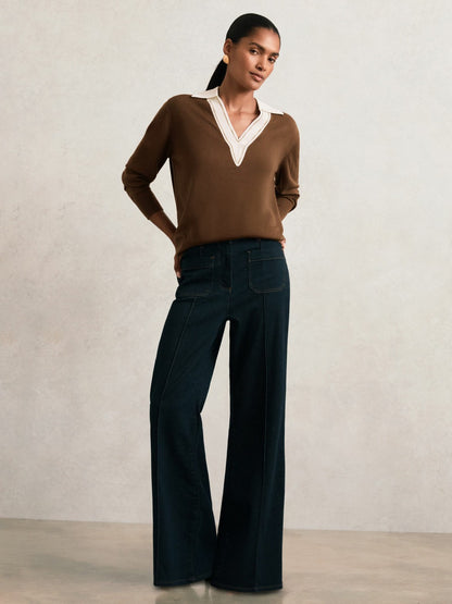 Wool Collared Cricket Jumper in Chocolate Brown/Ivory Women | Reiss