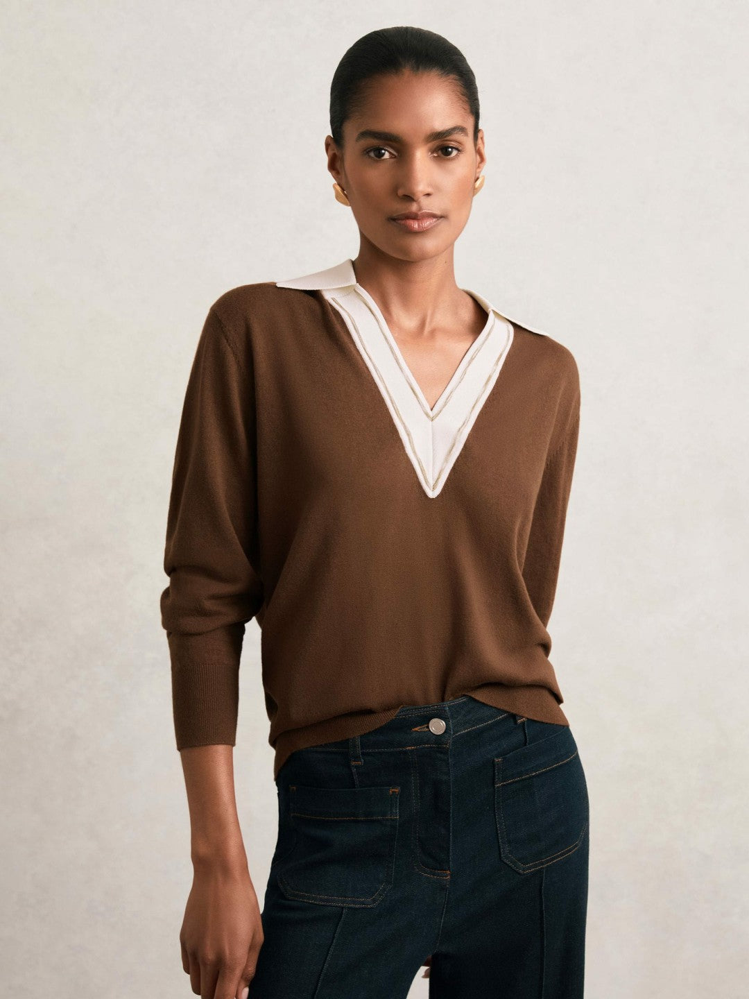 Wool Collared Cricket Jumper in Chocolate Brown/Ivory Women | Reiss