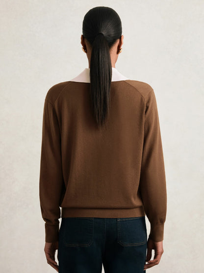 Wool Collared Cricket Jumper in Chocolate Brown/Ivory Women | Reiss