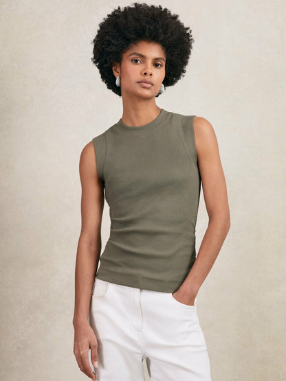 Ribbed Ruched Waist Vest in Khaki Green Women | Reiss