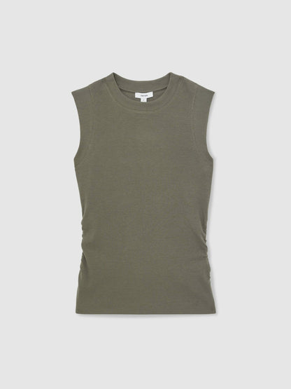 Ribbed Ruched Waist Vest in Khaki Green Women | Reiss