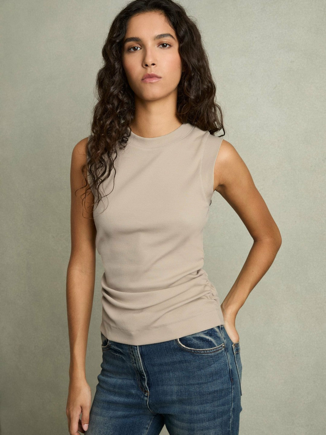 Ribbed Ruched Waist Vest in Camel Women | Reiss
