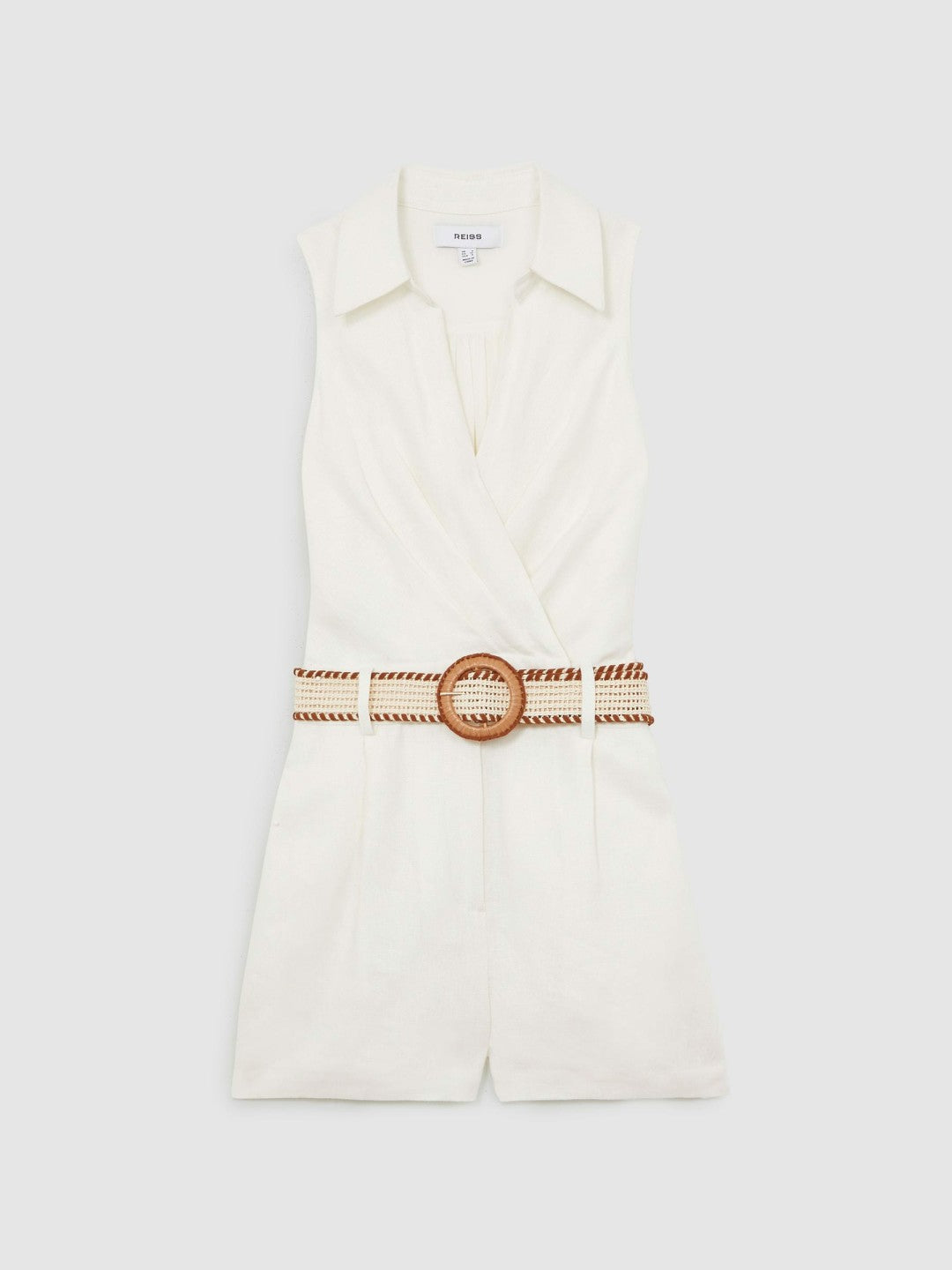 Linen Belted Sleeveless Wrap Playsuit in Cream Women | Reiss