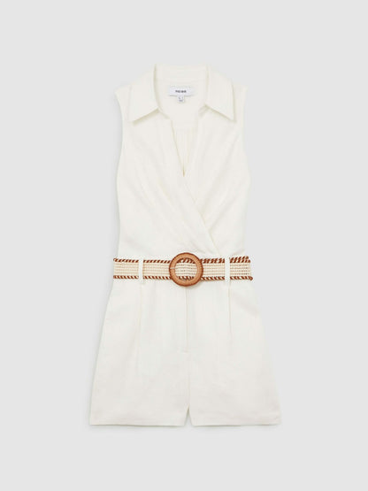 Linen Belted Sleeveless Wrap Playsuit in Cream Women | Reiss