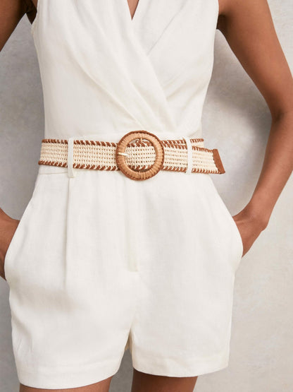 Linen Belted Sleeveless Wrap Playsuit in Cream Women | Reiss