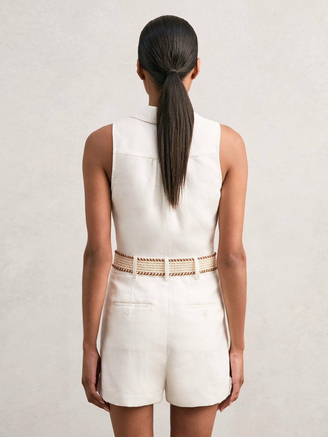 Linen Belted Sleeveless Wrap Playsuit in Cream Women | Reiss