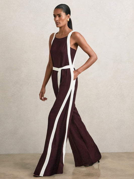 Petite Colourblock Wide Leg Belted Jumpsuit in Burgundy/Cream Women | Reiss