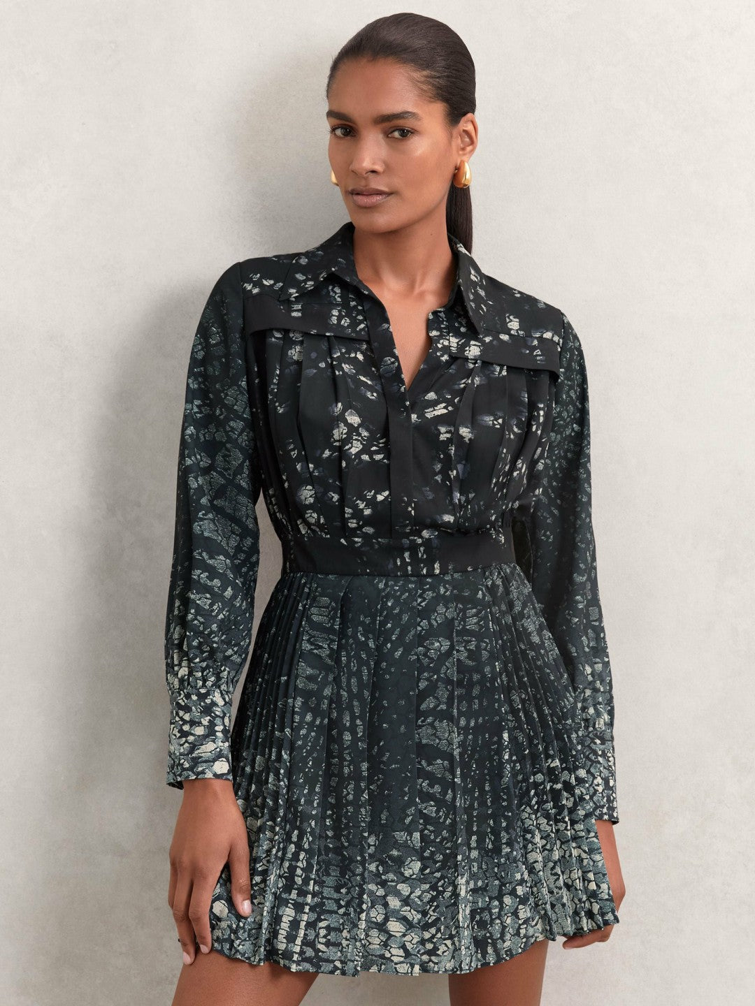 Printed Pleated Shirt Dress in Navy Women | Reiss