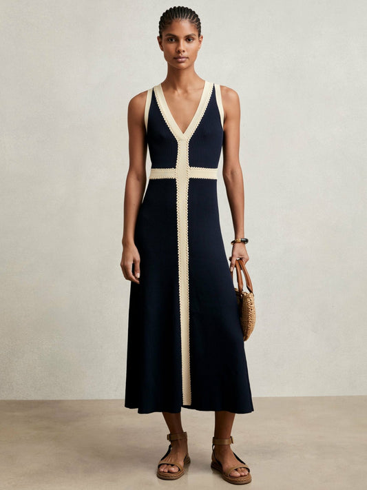 Craft-Stitch Knitted Midi Dress in Navy Women | Reiss
