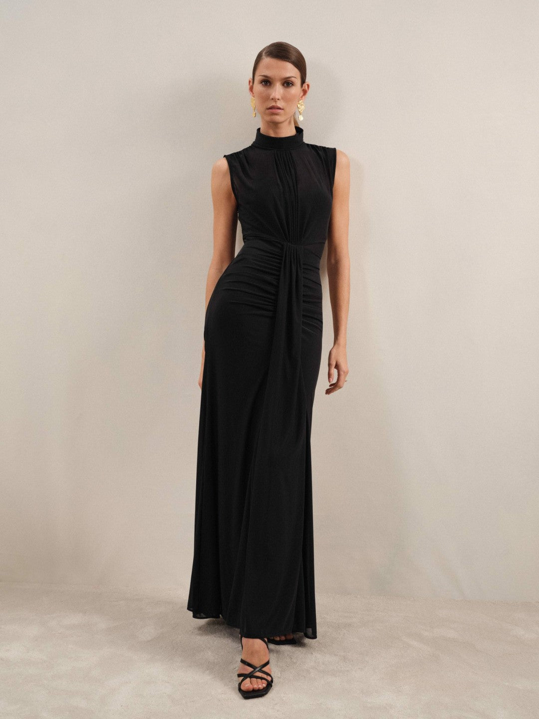 Petite Sheer Ruched Maxi Dress in Black Women | Reiss